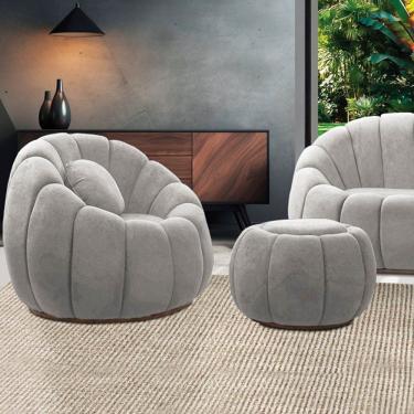 Imagem de Poltrona Decorativa Orgânica Giratória Com Puff Cloud Bouclê E03 - D'rossi Cor Cinza Claro