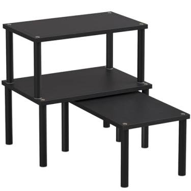 Imagem de Danfoxer Prateleira organizadora de armário (conjunto de 3), prateleiras de bancada de cozinha de bambu para bancada e armário, prateleiras empilháveis para especiarias, média (preto)