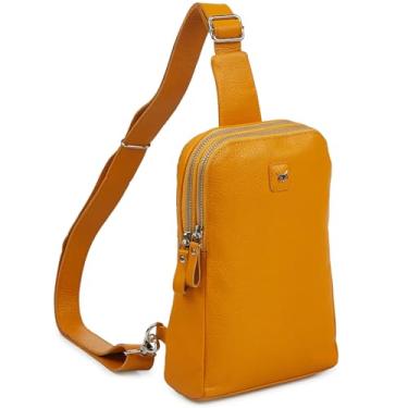 Imagem de Wise Owl Accessories Bolsa tiracolo de couro real para mulheres e homens, bolsa transversal no peito frontal com compartimentos para cartão de crédito, Napa de mostarda, Small