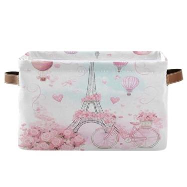 Imagem de Wassud Caixa de armazenamento de lona dobrável da Torre Eiffel romântica com alças, cesta organizadora dobrável para armário, banheiro e decoração de casa, pacote com 2