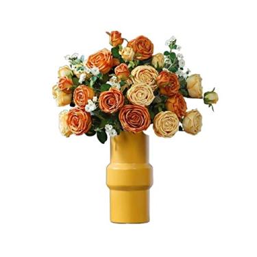 Imagem de Conjunto de buquê de rosas falsas de flores artificiais com vaso mesa de jantar simulação arranjo de flores para sala de estar arranjo de flores falsas