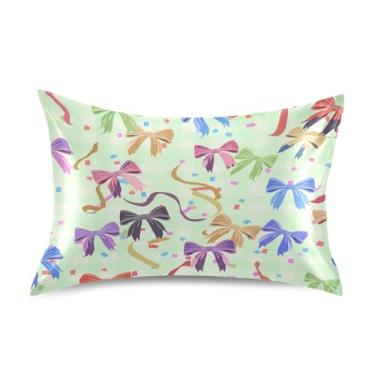 Imagem de Wassud Fronha de cetim com laços coloridos para cabelo e pele, fronhas de seda lisa, tamanho queen, capas de almofada respiráveis com fecho de envelope