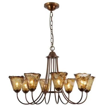 Imagem de Lustre floral vintage, lustre Sputnik em latão envelhecido, grande luminária pendente em vidro âmbar, grande luminária Sputnik para escada, lustres dourados de 8 luzes para quartos e salas d