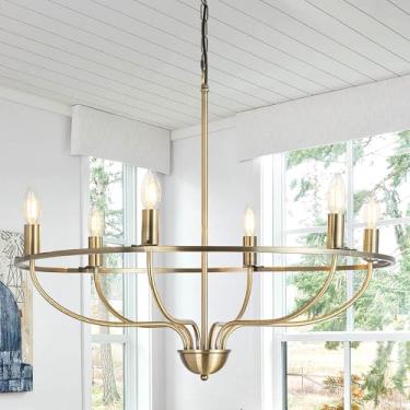 Imagem de Lustre de 6 luzes em dourado escovado, lustre moderno estilo fazenda para sala de jantar, luminária pendente redonda, iluminação suspensa para velas, ideal para sala de estar, quarto, ilha d