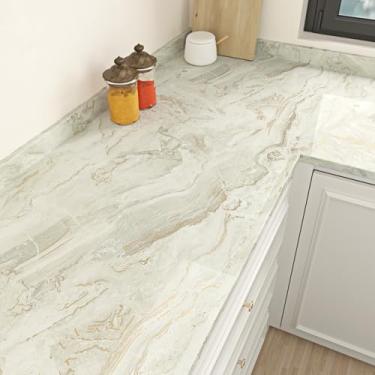 Imagem de Yullpaper Papel de parede de mármore bege dourado para contato com mármore bege brilhante para bancada, papel de parede adesivo de granito falso para banheiro, cozinha, à prova d'água, papel de