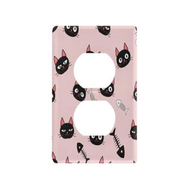 Imagem de Wassud Placa decorativa para interruptor de luz de esqueletos de gato e peixe, placa de parede para tomadas elétricas duplex 11 x 7 cm