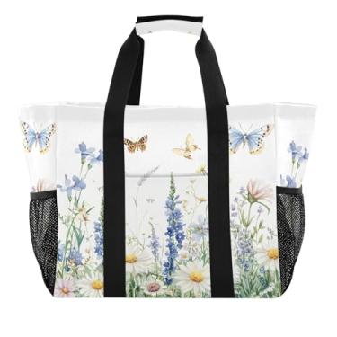 Imagem de Wassud Radiant Wildflower Prairies Sacola de mercearia reutilizável grande bolsa organizadora de lona impermeável para praia, piquenique, lavanderia, viagem