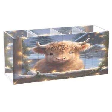Imagem de CEBUGI Porta-canetas de acrílico com 4 compartimentos, organizador de lápis transparente, bonito suporte de pincel de maquiagem de vaca Highland para armazenamento em mesa de escritório em casa