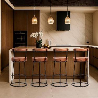 Imagem de Banqueta Alta Cozinha 70cm Encosto Industrial Aço Kit 4 Ziria Pu S02 - D`rossi Caramelo