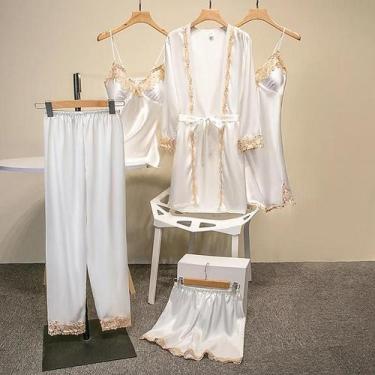 Imagem de Conjunto De Pijamas De Luxo Feminino Em Cetim 5 Peças Com Renda, Robe,