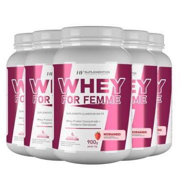 Imagem de 5x whey for femme + colageno hidrolisado 900g morango hf suplementos