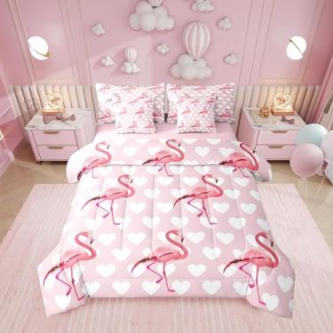 Imagem de Erosebridal Conjunto de edredom completo com corações de flamingo, rosa, rosa, 7 peças | Jogo de cama kawaii branco de animais em uma bolsa para quarto, vida selvagem, safári, romântico, com edredom