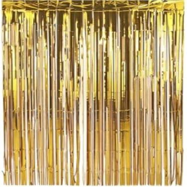 Imagem de Cortina brilhante metalizada, fitas decorativas douradas para festas, luxuosa, deslumbrante.
