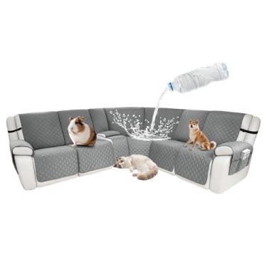 Imagem de ROFASVCO Capas de sofá reclináveis secionais à prova d'água, em forma de L, 8 peças, antiderrapante, lavável, conjunto de capa reclinável de canto para cães de estimação (5 lugares e 1 capa de console
