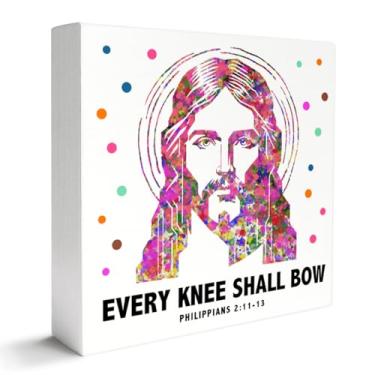 Imagem de Placa de decoração de mesa cristã, decoração religiosa de escritório em casa, versículo bíblico, decoração de mesa, presentes de batismo cristão para mulheres e homens, cada joelho se curvará