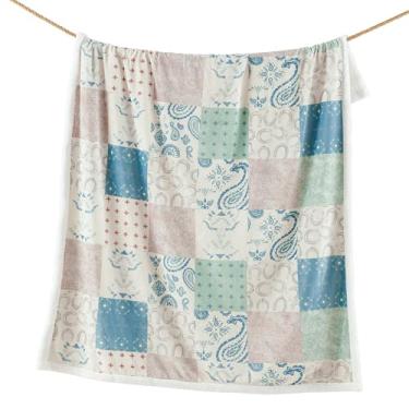 Imagem de Cobertor Indigo Hill da HiEnd Accents Patchwork Paisley Sherpa Manta de lã, Bandana Longhorn Horseshoe Western Throw Fleece Blanket, Sherpa Plush Throw Cobertores macios para sofá-cama, 137 x 172 cm