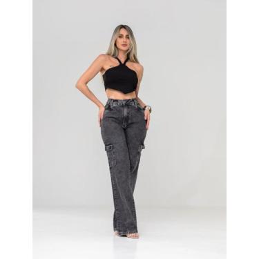 Imagem de Calça Wide Leg Cargo Feminina  Jeans Grafite Chumbo Marmorizado, Cintu