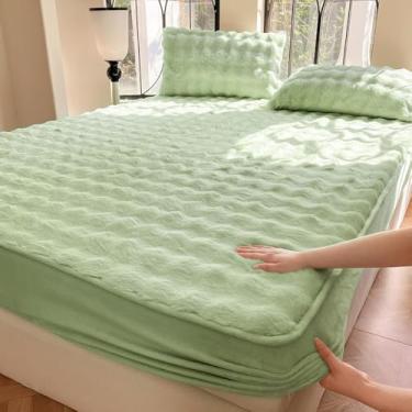 Imagem de Protetor de colchão de pelúcia espesso para a pele e antiderrapante, protetor de quarto, capa quente à prova de poeira para solteiro/casal/queen/king size verde||150 x 200 cm/(150 x 199.9 cm)