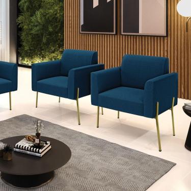 Imagem de Poltrona Sala Estar Pé Ferro Dourado Kit 2 Marisa Bouclê Azul D03 - D'rossi