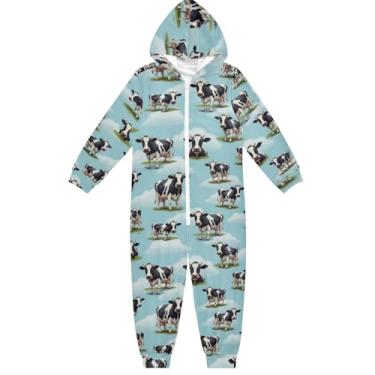 Imagem de Macacão infantil unissex azul vacas macio peça única roupas de casa meninos meninas 5-6 anos, Vacas azuis, 12-13 Anos