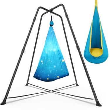 Imagem de Swing Stand Frame with Sensory Swing Pod Chair, X-Shaped Swing Set, Metal Hammock Chair Stand for Adults Indoor and Outdoor 330LBS (Patterned-Star Blue)