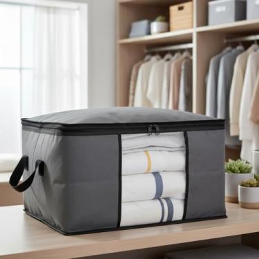 Imagem de Bolsa Organizadora Roupas Sapatos Roupa de Cama Caixa Saco Multiuso Organização de Armários Fechamento Zíper com Alças Laterais 60x40x35 Dobrável com Visor Transparente (01 Unidade)