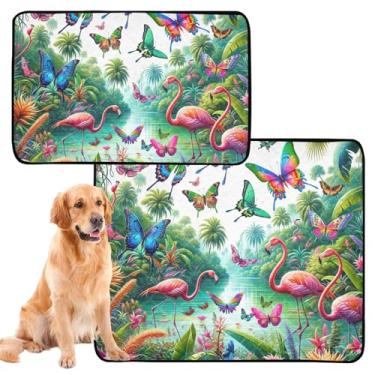 Imagem de Butterflies Tropical Flamingos Pet Pee Pad reutilizável lavável tapete para cães à prova d'água tapete de cachorro fofo absorvente almofada de parto, médio + grande, conjunto de 2
