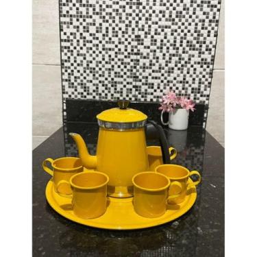 Imagem de Kit jogo de bule com 6 xícaras e bandeja café chá alumínio retro prêmio(Amarelo)