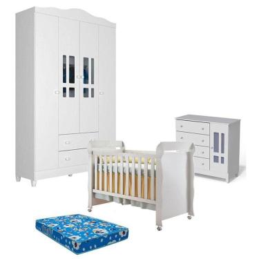 Imagem de Quarto De Bebê Ariel 4 Portas E Berço Americano Mirelle Branco Brilho Com Colchão Ortobom - Carolina