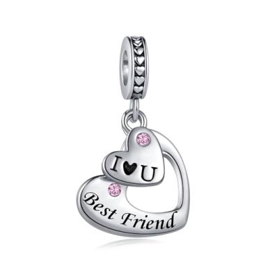 Imagem de Pingente de coração dividido de zircônia rosa I Love You Best Friend serve para pulseiras Pandora berloques de presente de aniversário de Natal para mulheres família sobrinha irmã amizade