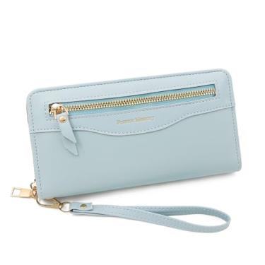 Imagem de Carteira feminina de couro genuíno com dobra dupla/tripla - Suporte minimalista para cartão de crédito com bloqueio de RFID e bolso para moedas, Azul, Casual