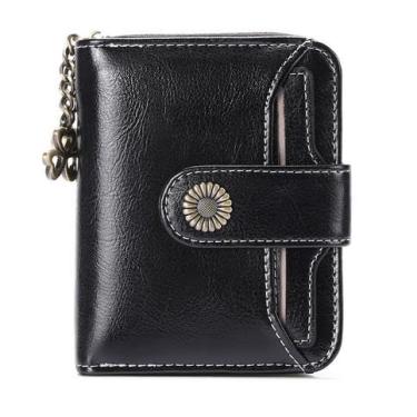 Imagem de Carteira feminina de couro genuíno com dobra dupla/tripla - Suporte minimalista para cartão de crédito com bloqueio de RFID e bolso para moedas, Preto, Casual