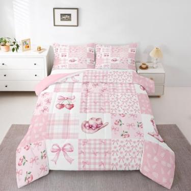 Imagem de Feelyou Conjunto de cama com laço rosa, macio, para meninos e meninas, estampa de cereja, edredom fofo, com laço, microfibra, kawaii, 2 peças com 1 fronha