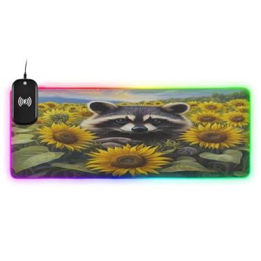 Imagem de CEBUGI Mouse pad de carregamento sem fio Raccoon Sunflower 15W Fast Gaming Mouse Pad com 14 iluminação LED RGB para jogos, PC, laptop, mesa 90,9 x 39,9 cm