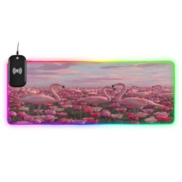 Imagem de CEBUGI Flamingo Tulip Mouse Pad de carregamento sem fio 15W Fast Gaming Mouse Pad com 14 iluminação LED RGB para jogos, PC, laptop, mesa 80 x 30 cm