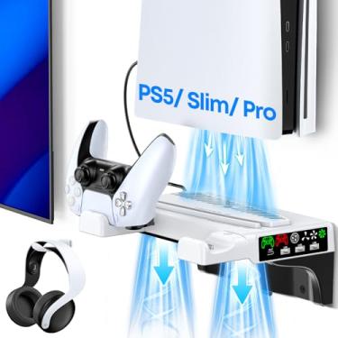 Imagem de P5 Wall Mount with Cooling Fan & Controller Charging Station, P5 Floating Shelf Mount for PS5/Slim/Pro Disc & Digital Consoles, Mountable Behind PC Monitor for Play Station 5 Accessories