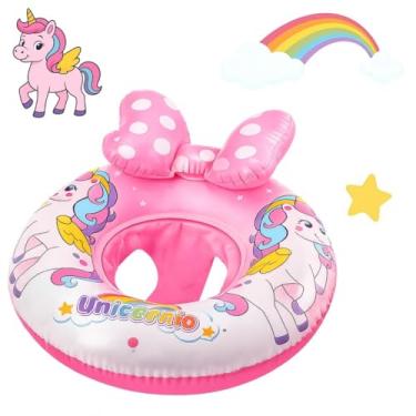 Imagem de Boia Bebê Infantil com Assento Inflável Unicórnio Rosa 60 cm para Piscina e Praia 6 Meses a 2 Anos com Laço de Bolinhas
