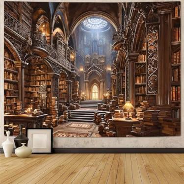 Imagem de Motanber Tapeçaria de biblioteca gótica, tapeçarias de estante vintage medieval, pendurar na parede, sala de estar, sala de estar, dormitório, sala de aula, 203 x 152 cm