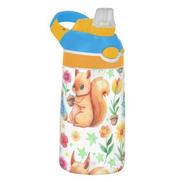 Imagem de Cute Squirrels Flowers Animal Garrafa de água infantil para escola, 473 ml Tritan 473 ml Garrafa de água esportiva com canudo, copo de viagem reutilizável para crianças, à prova de vazamento, alça de