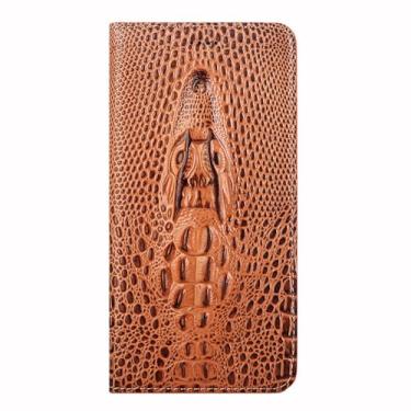 Imagem de FWYANZH Capa de couro genuíno para Google Pixel 10 Pro XL/10 PRO/10, capa carteira de relevo 3D com padrão de crocodilo, cobertura total, capa flip de couro bovino real, latão, 10Pro XL