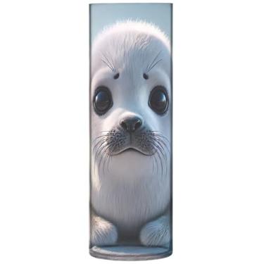 Imagem de Vaso cilíndrico com estampa animal de selo fofo para flores, vaso de flores alto, plástico, personalizado, exclusivo, floral, decoração moderna, 30 cm x 9,9 cm