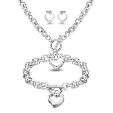 Imagem de Zuvexe Conjunto de joias de coração para mulheres Colar com pingente de coração de aço inoxidável, brincos de coração, amuleto, pulseira, prata, corrente de elos grossos, conjunto de colar de coração