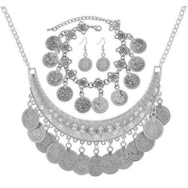 Imagem de Colar de borla de moeda retrô oxidada, brincos, pulseira, vintage, boêmio, conjunto de joias de 3 peças para mulheres, declaração étnica, cigana, strass, babador, gargantilha, acessórios de fantasia
