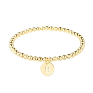 Imagem de Pulseira com inicial para mulheres, pulseira de ouro delicada fofa com pingente de letra A a Z, pulseira de disco, moderna, joias simples, pulseira de ouro com contas personalizadas, 26 presentes do