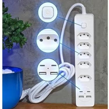 Imagem de Extensão 2 metros com Filtro de Linha 5 Tomadas Bivolt, Branco, Potencia Maxima 1.270W /2200WFabricado em Material Antichamas que desliga automaticamente.Tomada 3 pinos Brasileira