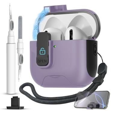 Imagem de Capa para AirPods 4 com trava segura, trava magnética automática com função de suporte de telefone, kit de limpeza de capa protetora rígida à prova de choque para Apple AirPod capa de 4ª geração 2024