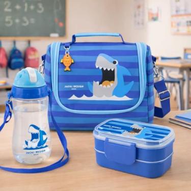 Imagem de Kit Bolsa Térmica Infantil e Marmita Lancheira com Garrafinha Para Merenda, Escola, Piquenique Passeio e Diversão Alegria das Crianças (Azul Tubarão)