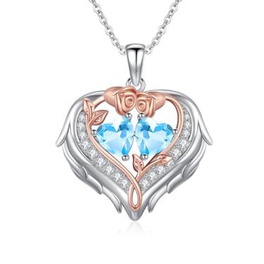 Imagem de WYDDO Colar de coração com asas de anjo para mulheres, pedra do mês de nascimento duplo, pingente de flor de rosa, presente ideal para aniversário, Natal, presente para esposa, mãe, namorada, filha