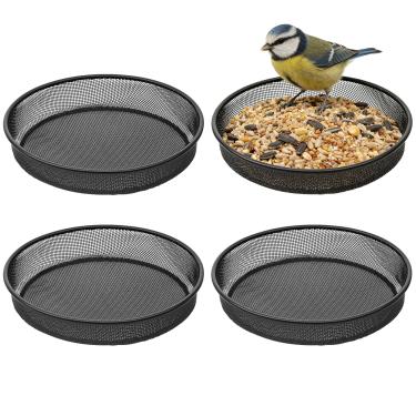 Imagem de Bandeja de alimentador de pássaros com plataforma de metal, 4 peças, bandeja de sementes de malha resistente à ferrugem, tigela de alimentação de malha redonda para estação de jardim ao ar livre de