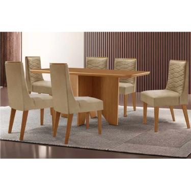 Imagem de Sala Jantar Mesa Nevada Tampo Curvo 180cm+6 Cadeiras Maldivas Madeira Naturale - Capuccino/Linho Bege - Rufato